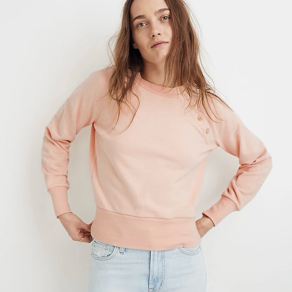 Madewell Baby Pink Button-Detail Crewneck Sweatshirt